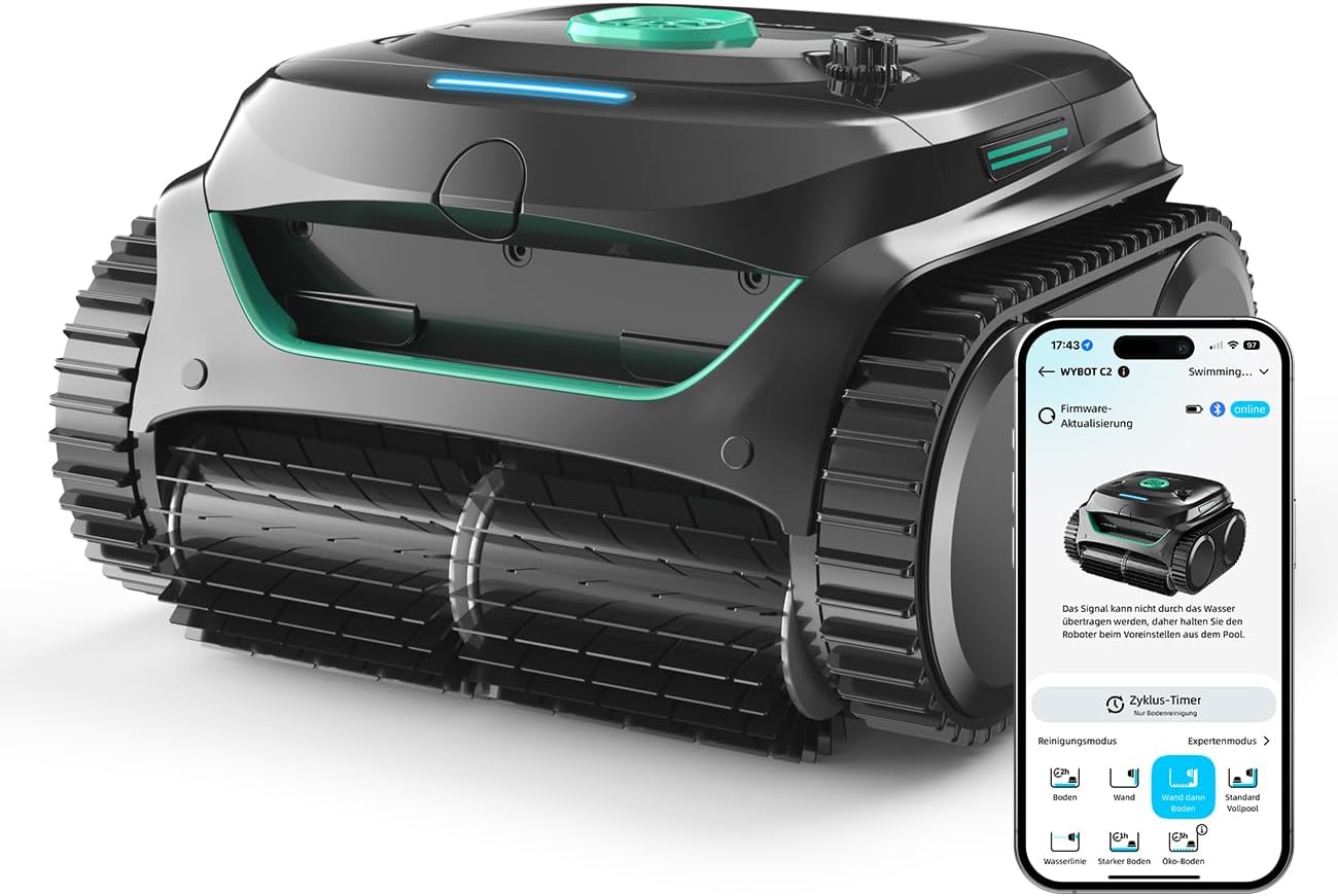 WYBOT C2 Poolroboter Akku Boden und Wand für Einbaupools bis 150㎡, Doppelfiltration, 3-Fach Motor, Starke Saugkraft, Wandkletter & Wasserlinie, 183 Min, App(Schwarz-Grün B)