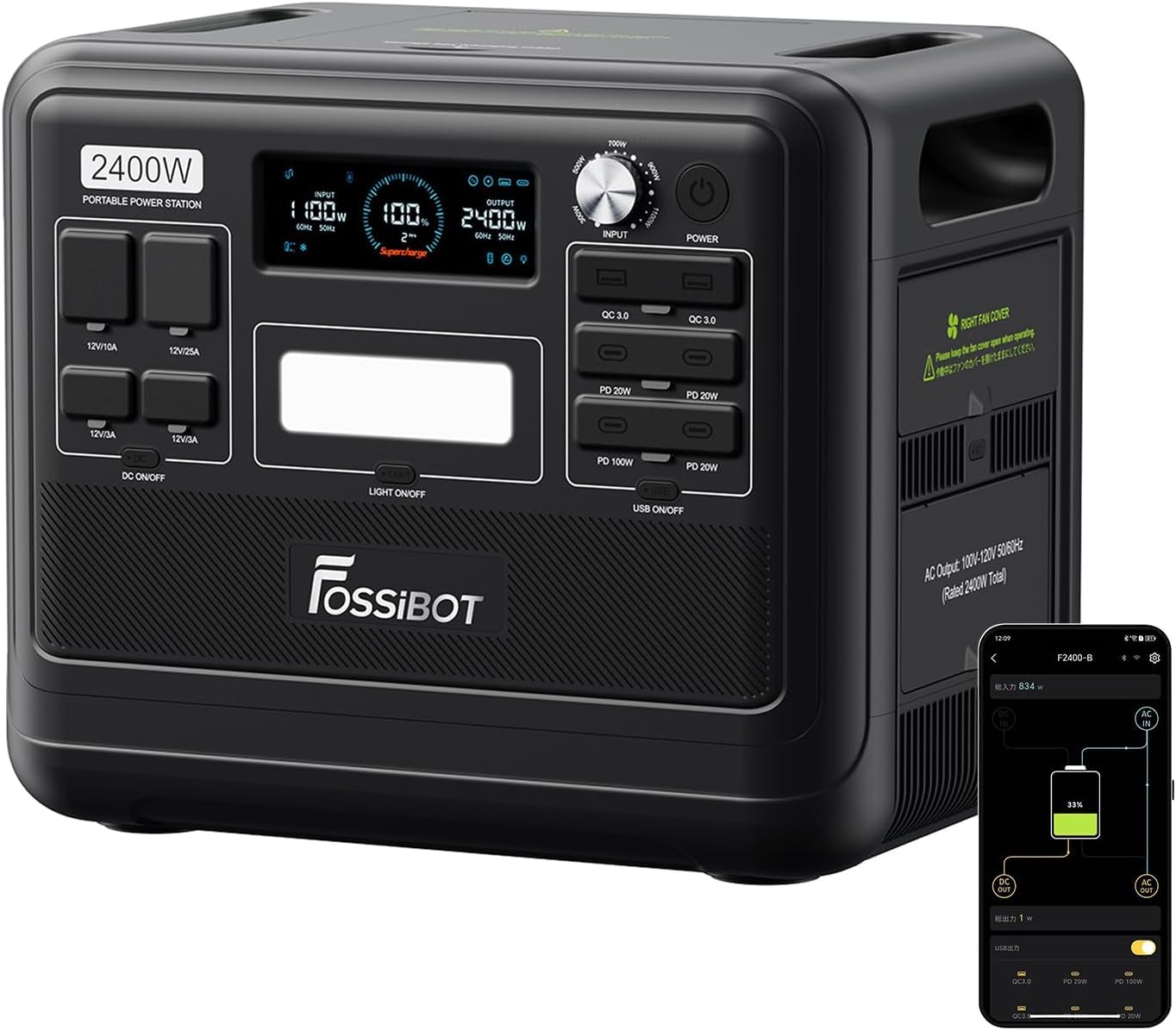 FOSSiBOT Tragbare Powerstation F2400, Solargenerator 2048Wh LiFePO4 Batterie-Backup mit 2400W 3X AC Ausgängen (4800W Peak) 230V, Power Station für Outdoor-Camping, Wohnmobil-Reisen, Hausgebrauch