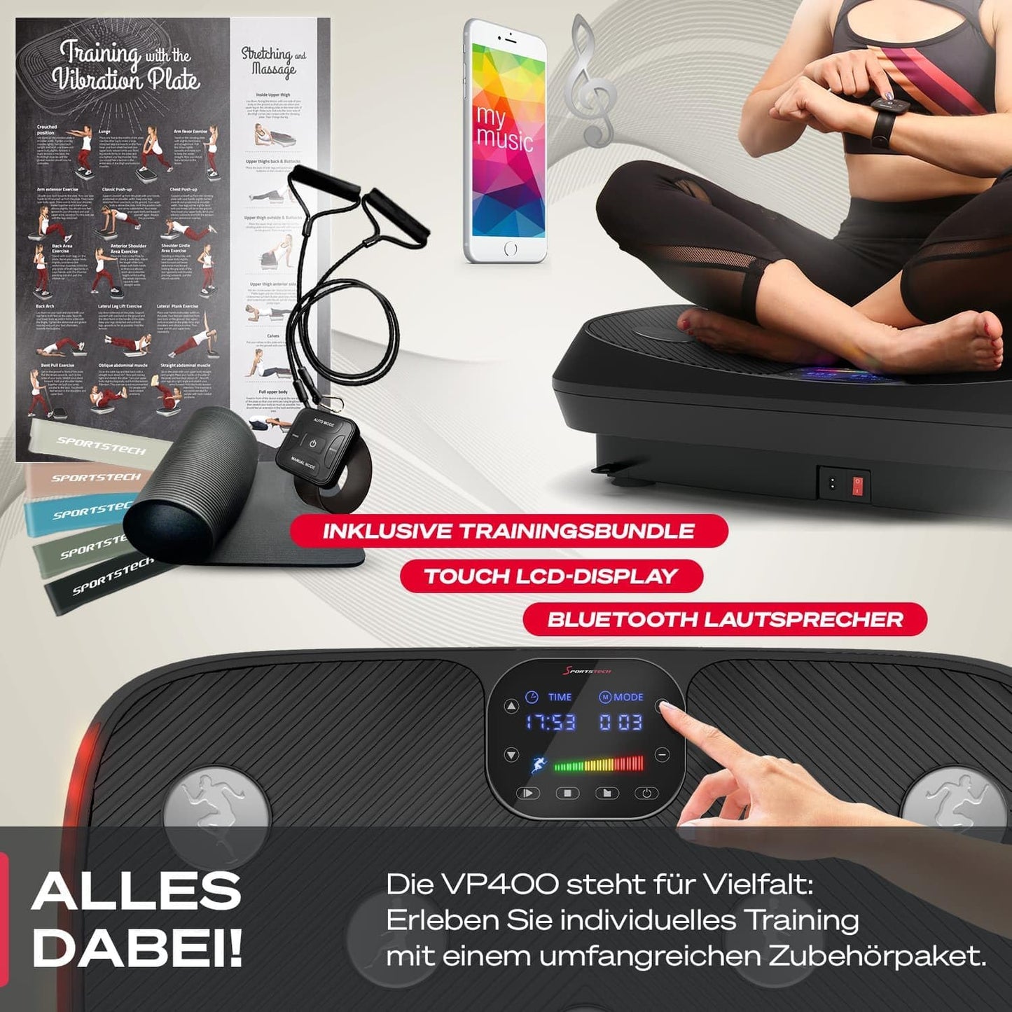 Sportstech VP400: 4D Vibrationsplatte mit Smart‑LED und Trainingsbändern ✨