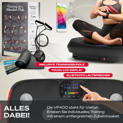 Sportstech VP400: 4D Vibrationsplatte mit Smart‑LED und Trainingsbändern ✨