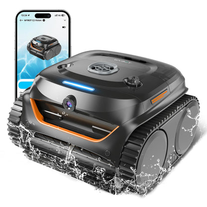 WYBOT C2 Vision AI Kamera Kabelloser poolroboter mit Akku, poolroboter Boden und Wand, Zweischicht-Filterung, leistungsstarke Absaugung, für Eingelassene Pools bis zu 180㎡(Schwarz Grün)