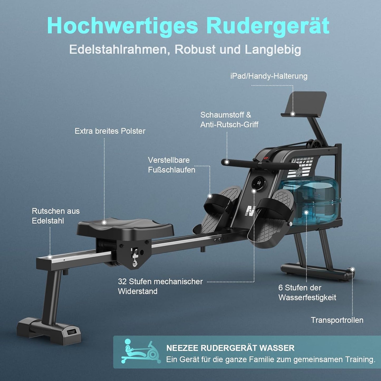 NEEZEE Wasserrudergerät: Bluetooth-Monitor, Tablet-Halterung, 150 kg Kapazität ✨
