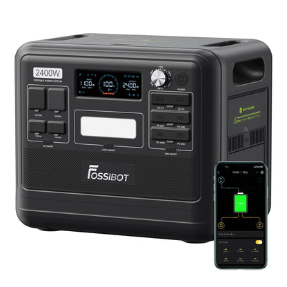 FOSSIBOT Powerstation 2400W AC Ausgängen (4800 W Peak) F2400, Stück mit 200W Solarpanel Power Station, 1100W Superschnelles Tragbare Solargenerator für Zuhause, Camping, RV und Notfall