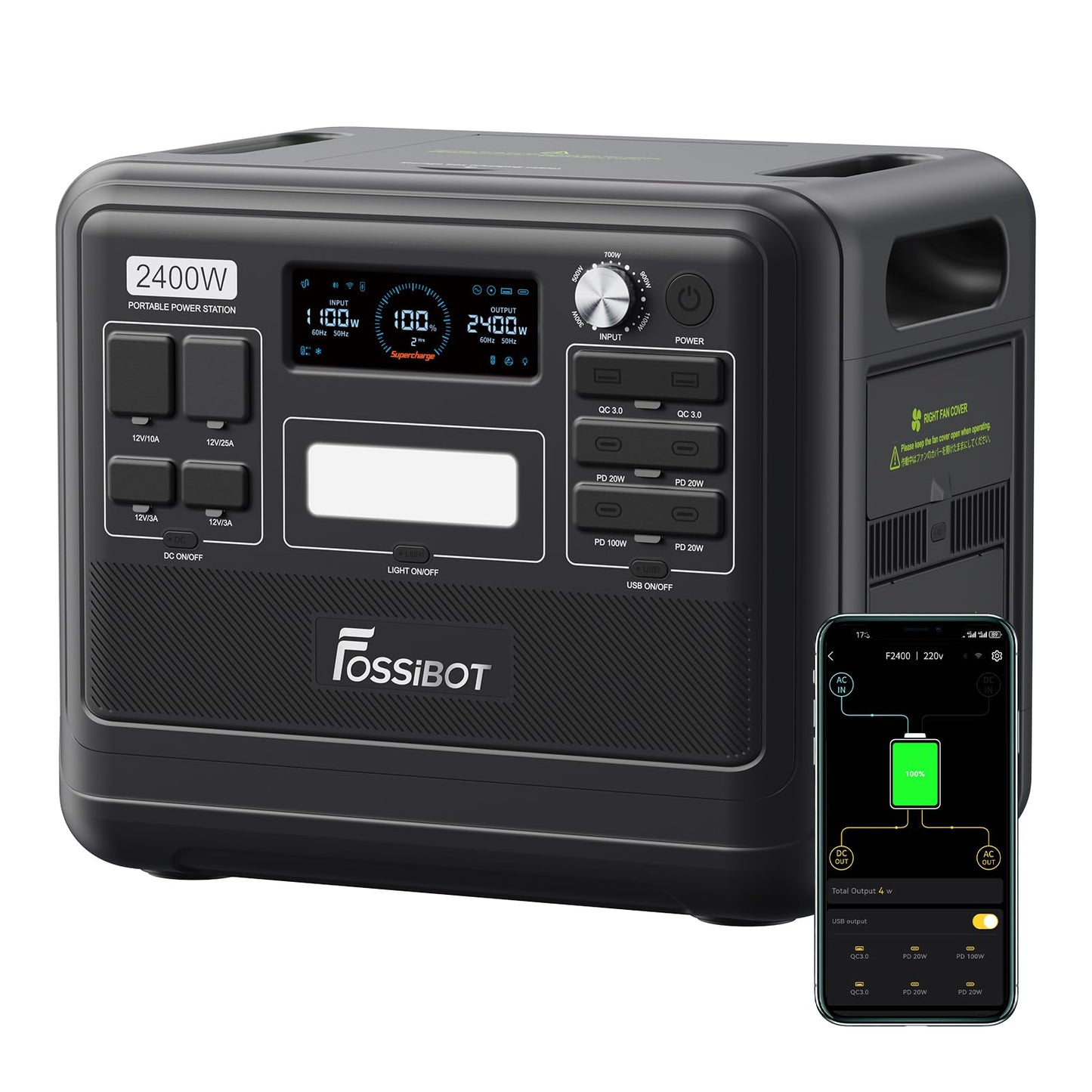 FOSSiBOT F2400 Solar Generator mit 200W Solar Panel, 2400W Tragbare Powerstation 2048Wh LiFePO4 with 3AC Ausgabe (4800W Peak), 13 Steckdosen Stromspeicher für Outdoor, Camping im Wohnmobil Backup