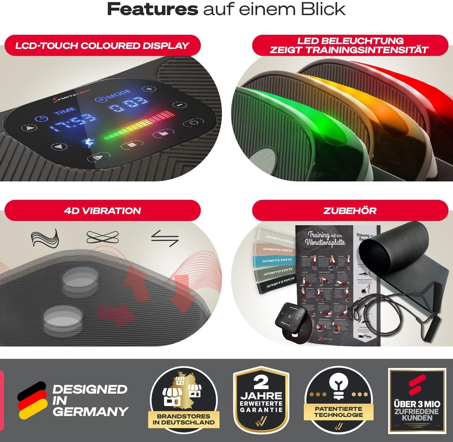 Sportstech VP400: 4D Vibrationsplatte mit Smart‑LED und Trainingsbändern ✨